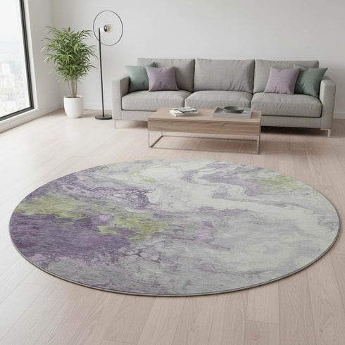 8' Lavender Green And Ivory Abstract Washable Round Rug With UV Protection