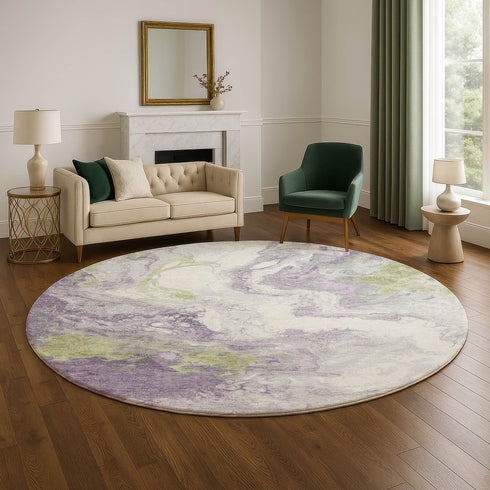 8' Lavender Green And Ivory Abstract Washable Round Rug With UV Protection