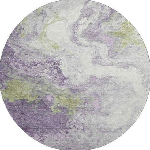 8' Lavender Green And Ivory Abstract Washable Round Rug With UV Protection