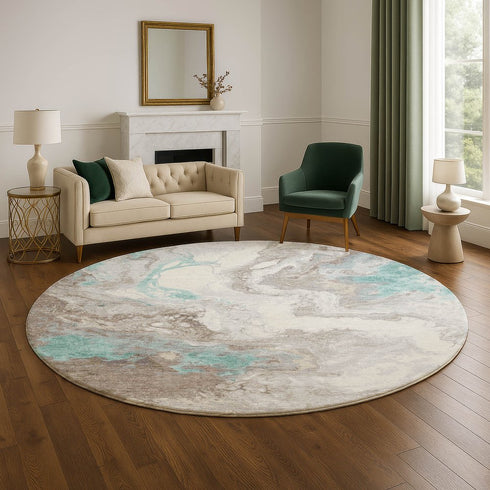 8' Teal Taupe And Ivory Abstract Washable Round Rug With UV Protection
