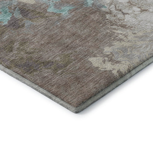 8' Teal Taupe And Ivory Abstract Washable Round Rug With UV Protection