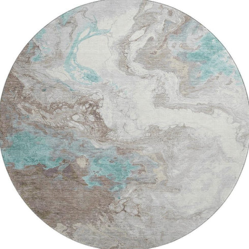 8' Teal Taupe And Ivory Abstract Washable Round Rug With UV Protection