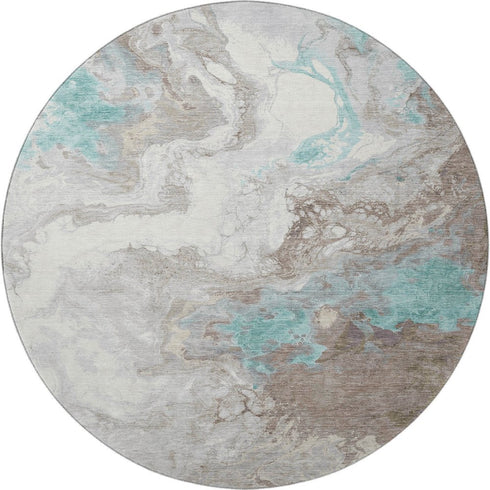 8' Teal Taupe And Ivory Abstract Washable Round Rug With UV Protection