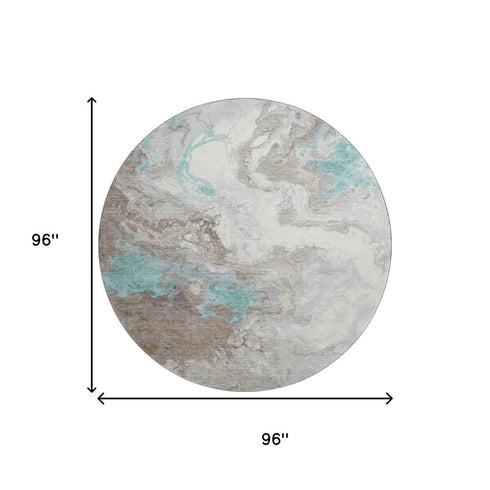 8' Teal Taupe And Ivory Abstract Washable Round Rug With UV Protection