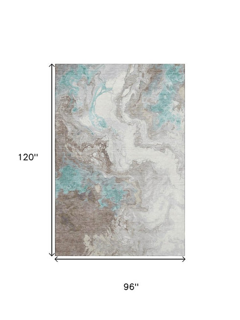 8' X 10' Teal Taupe And Ivory Abstract Washable Area Rug With UV Protection