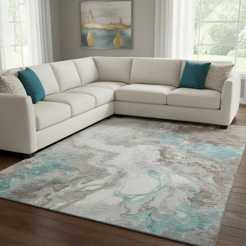 8' X 10' Teal Taupe And Ivory Abstract Washable Area Rug With UV Protection