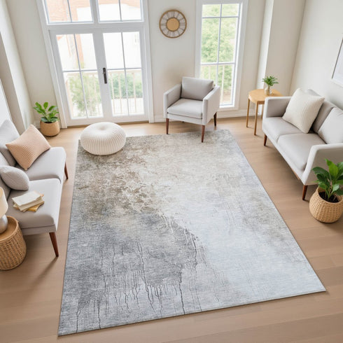 9' X 12' Beige And Ivory Abstract Washable Area Rug With UV Protection