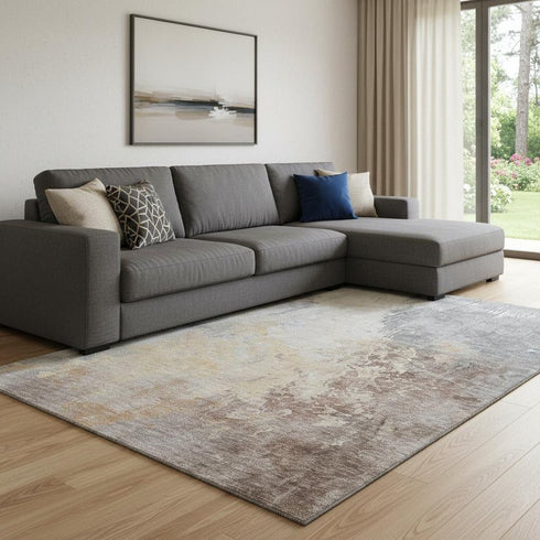 8' X 10' Coral Beige And Ivory Abstract Washable Area Rug With UV Protection