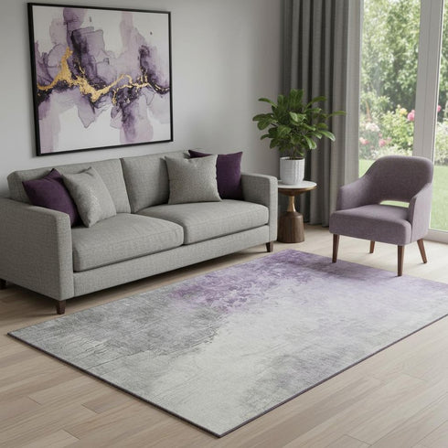 5' X 8' Lavender And Ivory Abstract Washable Area Rug With UV Protection