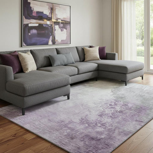 8' X 10' Lavender And Ivory Abstract Washable Area Rug With UV Protection