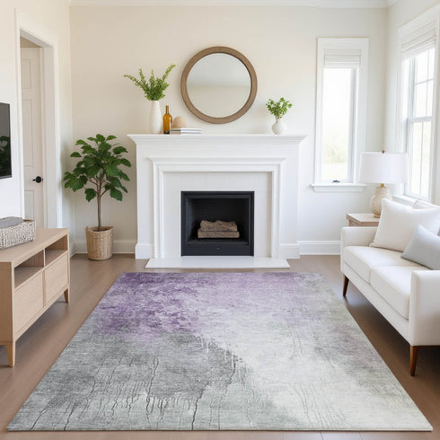 8' X 10' Lavender And Ivory Abstract Washable Area Rug With UV Protection
