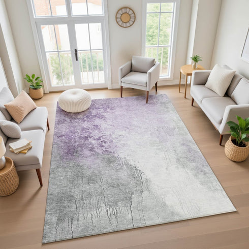 8' X 10' Lavender And Ivory Abstract Washable Area Rug With UV Protection