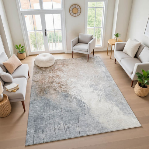 9' X 12' Rust Gray And Ivory Abstract Washable Area Rug With UV Protection