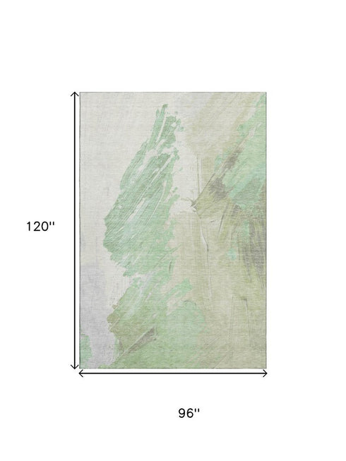 8' X 10' Artichoke Green And Ivory Abstract Washable Area Rug With UV Protection