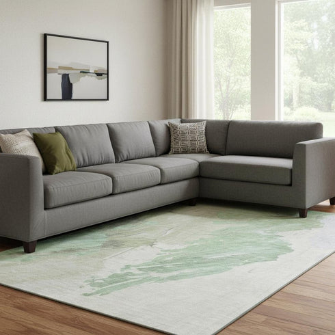 8' X 10' Artichoke Green And Ivory Abstract Washable Area Rug With UV Protection