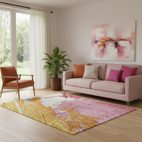 5' X 8' Blush Yellow And Ivory Abstract Washable Area Rug With UV Protection