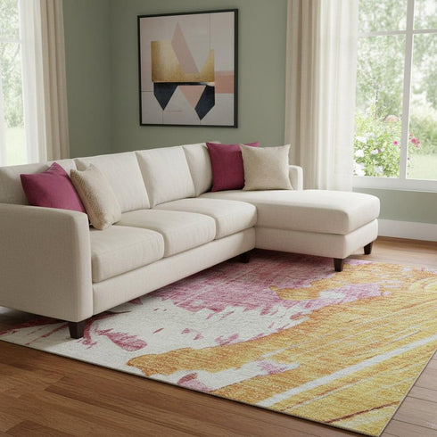 8' X 10' Blush Yellow And Ivory Abstract Washable Area Rug With UV Protection