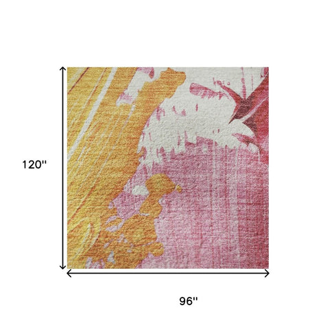 8' X 10' Blush Yellow And Ivory Abstract Washable Area Rug With UV Protection