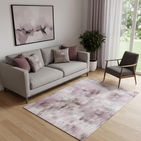 5' X 8' Lavender And Ivory Abstract Washable Area Rug With UV Protection