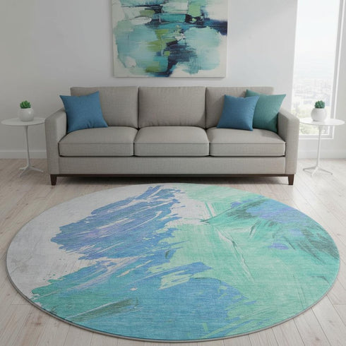 8' Pale Aqua Blue And Ivory Abstract Washable Round Rug With UV Protection