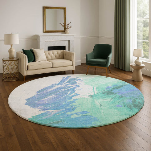 8' Pale Aqua Blue And Ivory Abstract Washable Round Rug With UV Protection