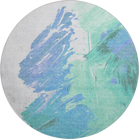 8' Pale Aqua Blue And Ivory Abstract Washable Round Rug With UV Protection