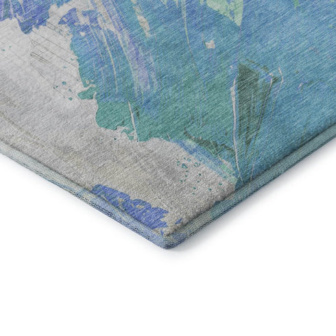 8' Pale Aqua Blue And Ivory Abstract Washable Round Rug With UV Protection