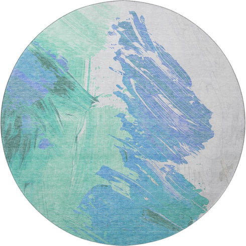 8' Pale Aqua Blue And Ivory Abstract Washable Round Rug With UV Protection