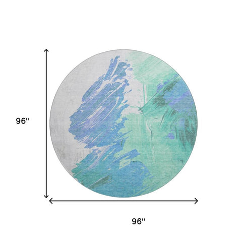 8' Pale Aqua Blue And Ivory Abstract Washable Round Rug With UV Protection