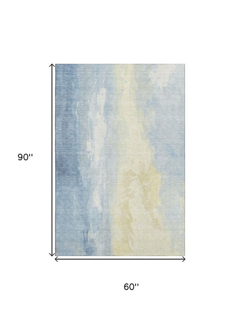 5' X 8' Denim Blue And Beige Abstract Washable Area Rug With UV Protection