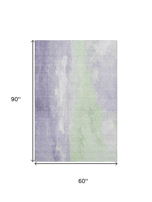 5' X 8' Lavender And Ivory Abstract Washable Area Rug With UV Protection