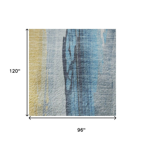 8' X 10' Blue And Gold Abstract Washable Area Rug With UV Protection