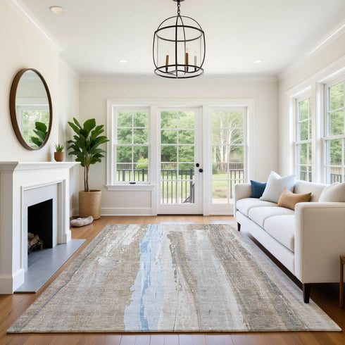 8' X 10' Coffee And Blue Abstract Washable Area Rug With UV Protection