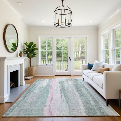 8' X 10' Sage And Blush Abstract Washable Area Rug With UV Protection