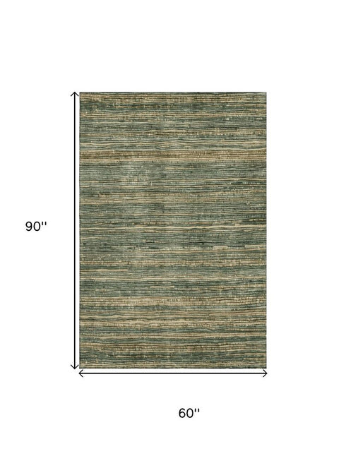 5' X 8' Fern Green And Taupe Striped Washable Area Rug With UV Protection
