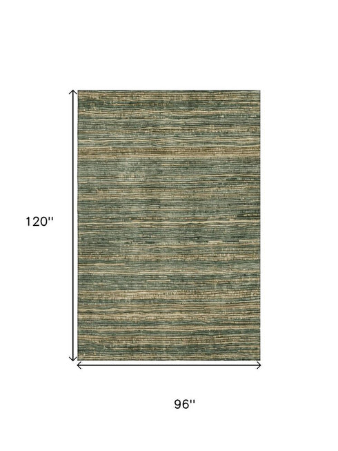 8' X 10' Fern Green And Taupe Striped Washable Area Rug With UV Protection
