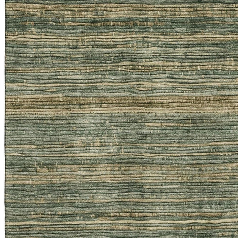8' X 10' Fern Green And Taupe Striped Washable Area Rug With UV Protection