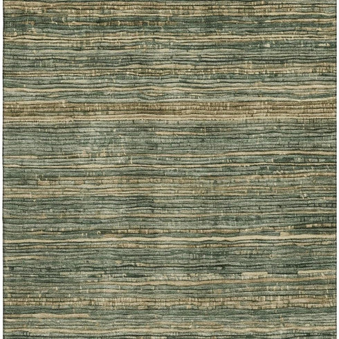8' X 10' Fern Green And Taupe Striped Washable Area Rug With UV Protection