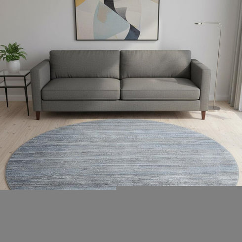 8' Sky Blue And Gray Striped Washable Round Rug With UV Protection