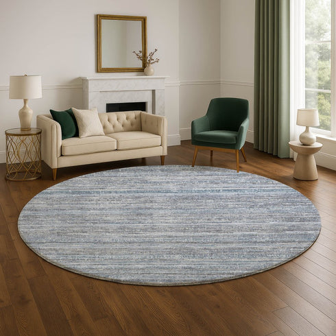 8' Sky Blue And Gray Striped Washable Round Rug With UV Protection