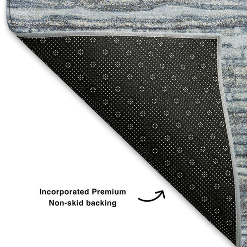 8' Sky Blue And Gray Striped Washable Round Rug With UV Protection