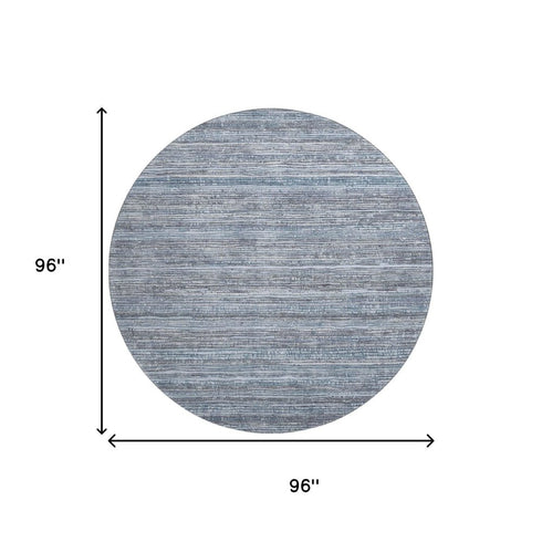 8' Sky Blue And Gray Striped Washable Round Rug With UV Protection
