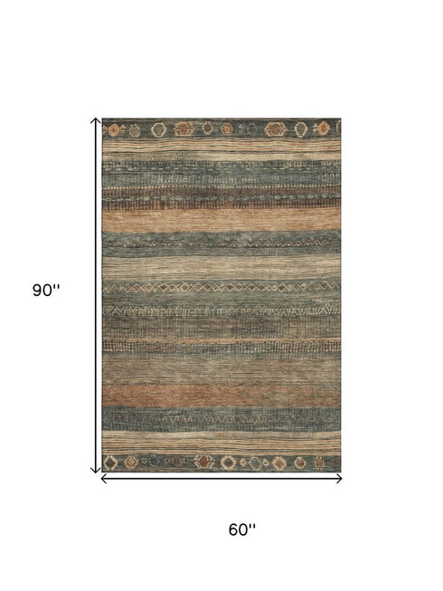 5' X 8' Fern Green And Copper Geometric Washable Area Rug With UV Protection