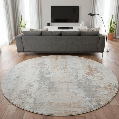 8' Coral And Ivory Abstract Washable Round Rug With UV Protection
