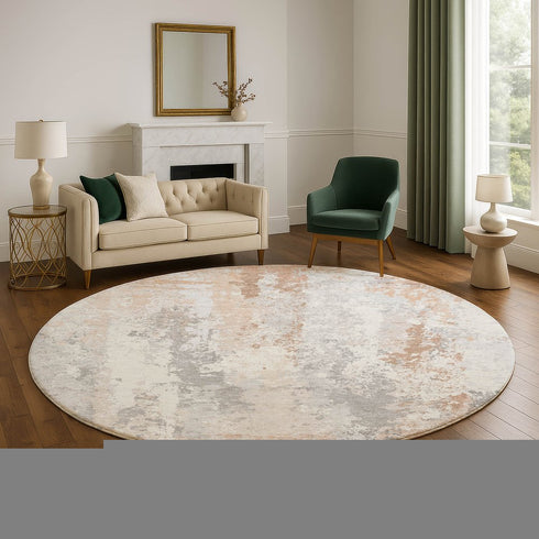 8' Coral And Ivory Abstract Washable Round Rug With UV Protection