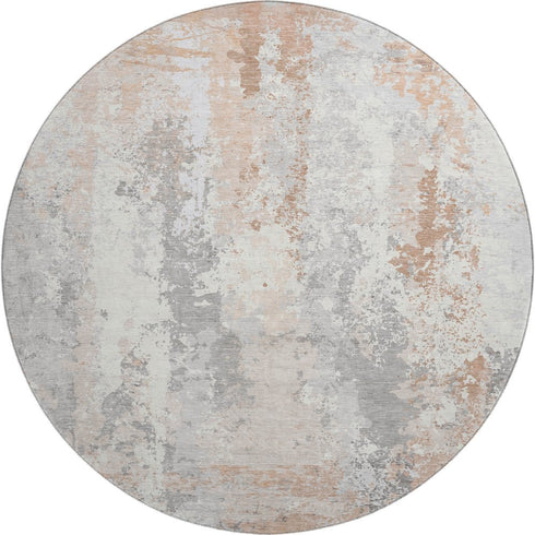 8' Coral And Ivory Abstract Washable Round Rug With UV Protection