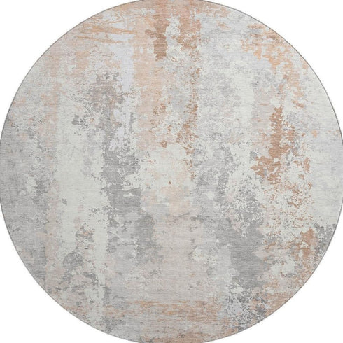 8' Coral And Ivory Abstract Washable Round Rug With UV Protection