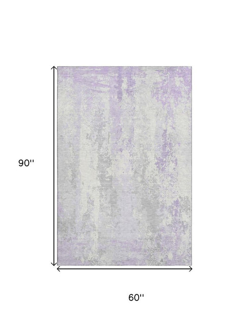 5' X 8' Lavender And Ivory Abstract Washable Area Rug With UV Protection