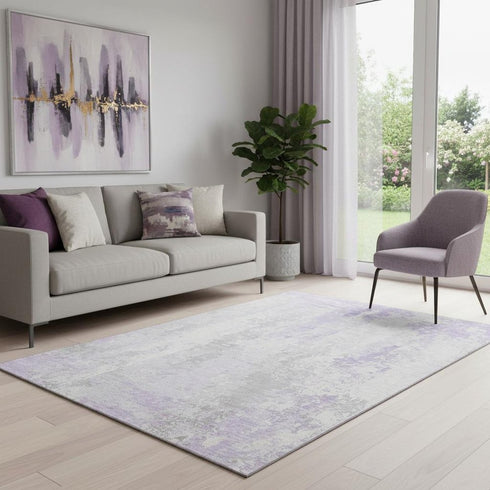 5' X 8' Lavender And Ivory Abstract Washable Area Rug With UV Protection
