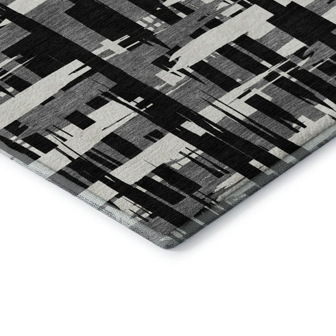 5' X 8' Black And Ivory Striped Washable Area Rug With UV Protection